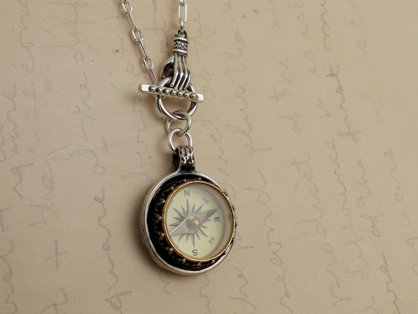 Silver compass Victorian hand double sided cold enamel landscape necklace 925 sterling silver necklace unique gift jewelry for women